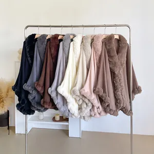 Women's Faux Rex Rabbit Fur Collar Poncho Shawl Mid-length Solid Color Loose Cape Coat Elegant Winter Autumn Warm Wrap