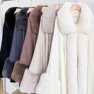 Luxurious long winter cape coat with gray faux fur collar and cuffs in multiple colors