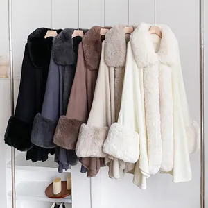 Luxurious faux rabbit fur collar knit poncho coat in multiple colors for winter