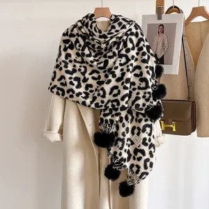 Femmes Imprimé Léopard Imitation Cachemire Écharpe Hiver Chaud Pashmina Châle Doux Polyester Enveloppement Avec Pompons Glands Foulard
