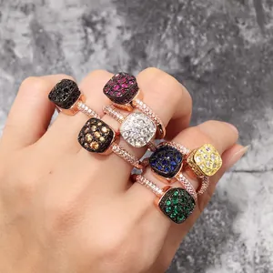 Anillo Cuadrado de Cobre con Zirconia de Panal para Mujer Joyería de Moda con Strass de Colores y Micro-Pavé