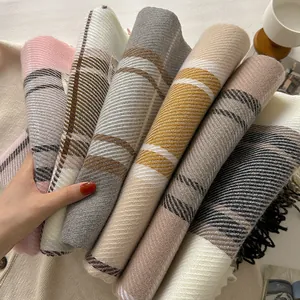 British style wool blend plaid scarf for women with tassels in various classic colors