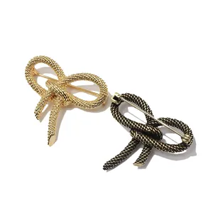Vintage Copper Bowknot Brooch For Women Twisted Rope Texture Gold Antique Bronze Fashion Jewelry Suit Scarf Accessories Pin