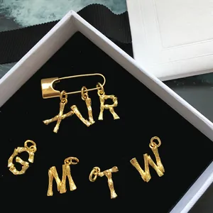 Vintage Bamboo Texture Letter Brooch Gold Plated Copper Safety Pin DIY Initial Pendant Jewelry For Suit Collar Women Men