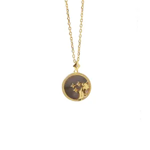 S925 silver golden necklace with Aquarius mother of pearl round pendant on white background