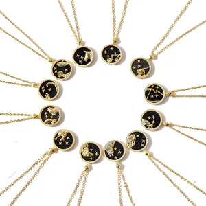 Detailed overhead view of 12 zodiac gold necklaces with black star patterns on white background