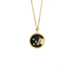 Detail of S925 silver Taurus zodiac coin necklace with blue starry sky mother of pearl