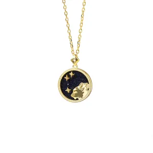 Close-up of S925 silver zodiac necklace with blue shell inlay and golden lion relief