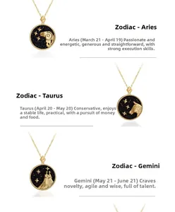 Detail of Aries, Taurus, and Gemini zodiac pendants with starry inlay on gold necklaces