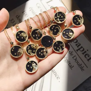 S925 silver embossed zodiac sign necklaces with colorful mother of pearl in gold finish