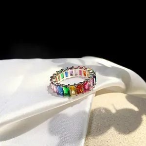 Macro shot of S925 sterling silver stamp on rainbow zircon eternity ring band