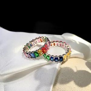 S925 sterling silver rainbow eternity rings with rectangle and oval cut cubic zirconia