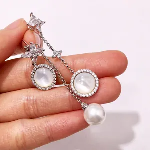 Asymmetric long tassel earrings with sparkling star zircon and natural shell pearls
