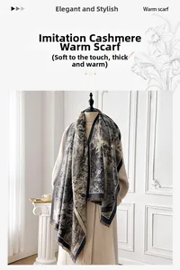 Detail of floral paisley cashmere-feel scarf with elegant fringes on an overcoat