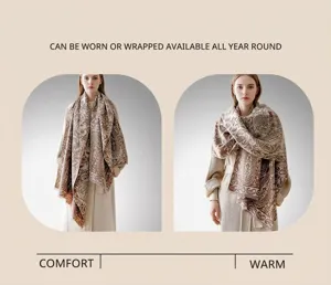 Detail von Paisley-Jacquard-Muster und Fransen am beige-braunen Kaschmir-Gefühl-Schal