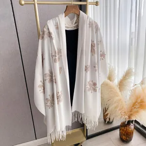 Bufanda Chal Étnico para Mujer de Imitación Cachemira Con Bordado Flor de Lis Borlas Suave Cálida Invierno Larga