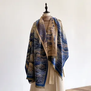 Künstlerischer Ölgemälde-Schal mit Bergmotiven, Naturelementen und kurzen Fransenrändern