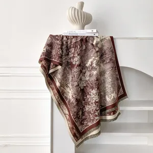Vintage brown botanical floral cashmere-like scarf with fringe details for women