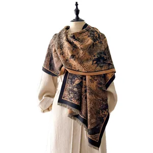 Floral print pashmina shawl with fringes and vintage landscape pattern in yellow and black