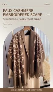 Dettaglio del ricamo leopardato su sciarpa in finto cashmere marrone con frange