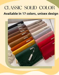 Close-up of multicolored cashmere-like scarves with fringe details in 17 various shades
