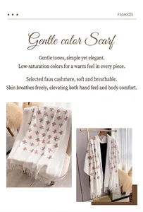 Detail of premium imitation cashmere scarf with exquisite embroidery and tassel edges