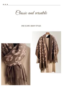 Dettaglio dello scialle ricamato con stampa leopardata con frange e tocco cashmere