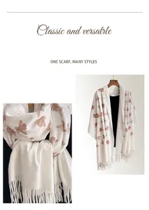 Detail of premium Chinese style embroidered wasp pashmina shawl with tassel finish