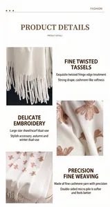 Close-up of wasp embroidery and fine fringe on a soft white cashmere-like shawl