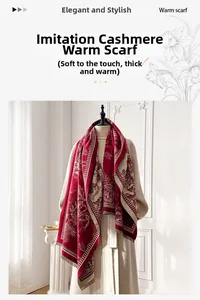 Detail of red and beige floral jacquard cashmere scarf with houndstooth and tassel fringe