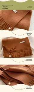 Detail of caramel wool scarf showing fine yarn weave, smooth edges, and soft tassel fringe