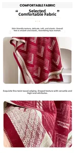 Detail of red geometric pashmina scarf with soft cashmere-like texture and fine tassels