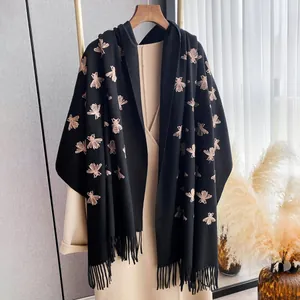 Women Elegant Bee Embroidery Polyester Scarf Winter Warm Tassel Shawl Vintage Pashmina Wrap For Autumn Winter Ladies