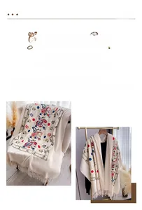 Close-up of bohemian floral embroidery and tassels on thickened cashmere-like scarf