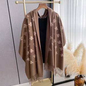 Brown cashmere-feel shawl with gold bee embroidery and fringe hem for women