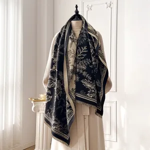 Floral cashmere shawl in beige and black with houndstooth border and tassels