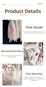 Close-up of floral embroidery and fine twisted tassels on a beige cashmere-like shawl