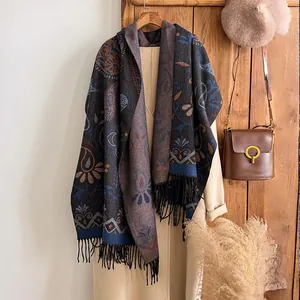 Women's Faux Cashmere Scarf Thick Warm Bohemian Paisley Floral Jacquard Shawl With Tassels Vintage Ethnic Winter Scarf Wrap