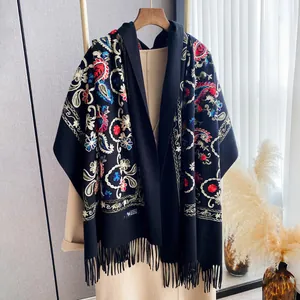 Women Ethnic Embroidered Scarf Shawl Imitation Cashmere Thickened Floral Paisley Tassel Fringe Winter Warm Vintage Wrap