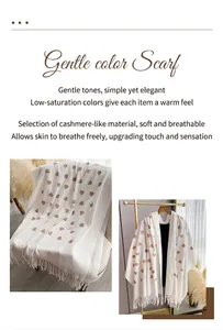 Dettaglio della sciarpa bianca in finto cashmere con motivi a cuore marroni e nappe