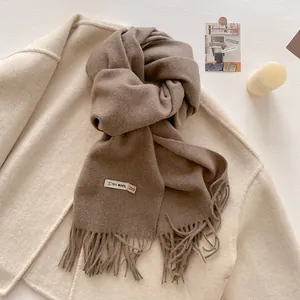 Detail of dark brown wool blend scarf with fringe tassels on a soft beige wool coat