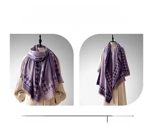 Detailed view of checkered purple scarf with fringe trim, showing various styling methods