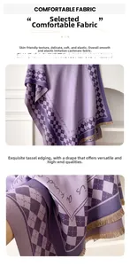 Detail of purple plaid cashmere-like scarf with fringe edges and printed text