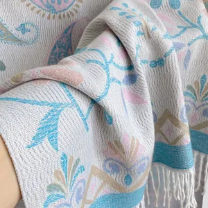 Thick paisley jacquard pashmina shawl with fringes in soft pink and blue tones
