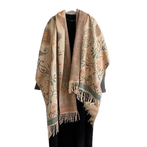 Vintage paisley cashmere-feel thick shawl with fringe and floral knit pattern