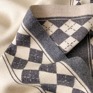 Winter checkered double-sided faux cashmere scarf in grey and beige argyle knit pattern