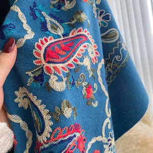 Deep blue embroidered shawl with paisley floral patterns and soft cashmere texture