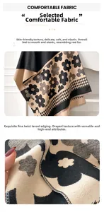 Close-up of floral cashmere feel scarf featuring houndstooth pattern and fringe edges