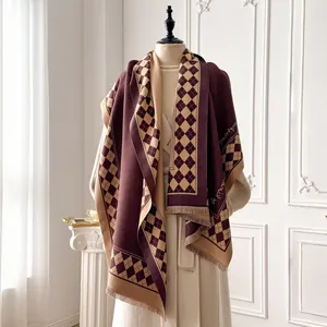 Burgundy and khaki checkerboard scarf with script embroidery and elegant fringe