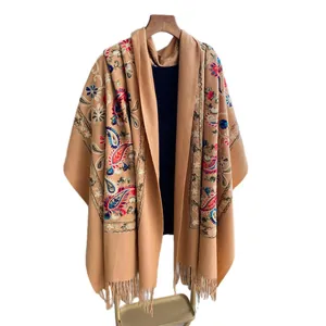 Thick camel cashmere-feel shawl with ethnic floral embroidery and tassel fringe